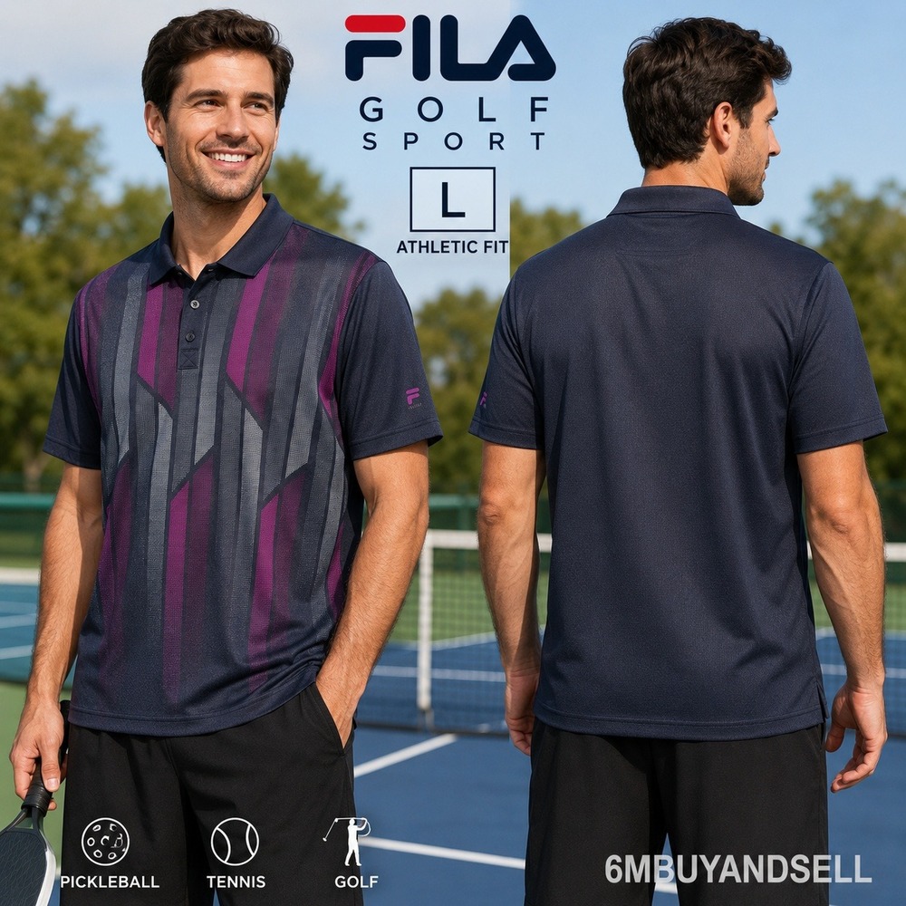 Fila Sport Golf Mens Large Athletic Fit‎ Polo Shirt Purple Grey Navy Geometric